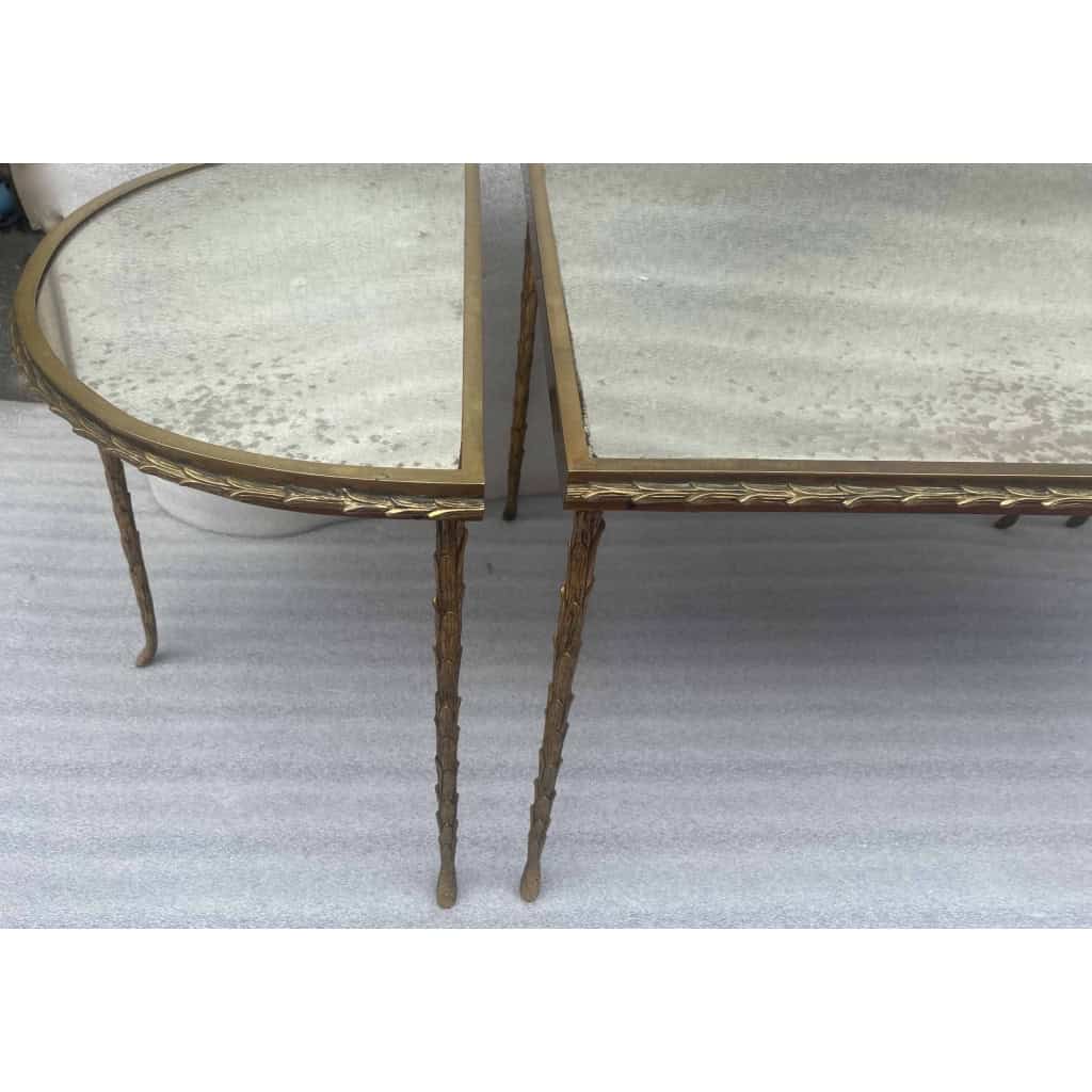 1970′ Table Tripartite Maison Charles Décor Palmier en Bronze Doré avec Plateaux Miroir 125 X 52 X H 42 cm | Biron 1970′ Table Tripartite Maison Charles Décor Palmier en Bronze Doré avec Plateaux Miroir 125 X 52 X H 42 cm