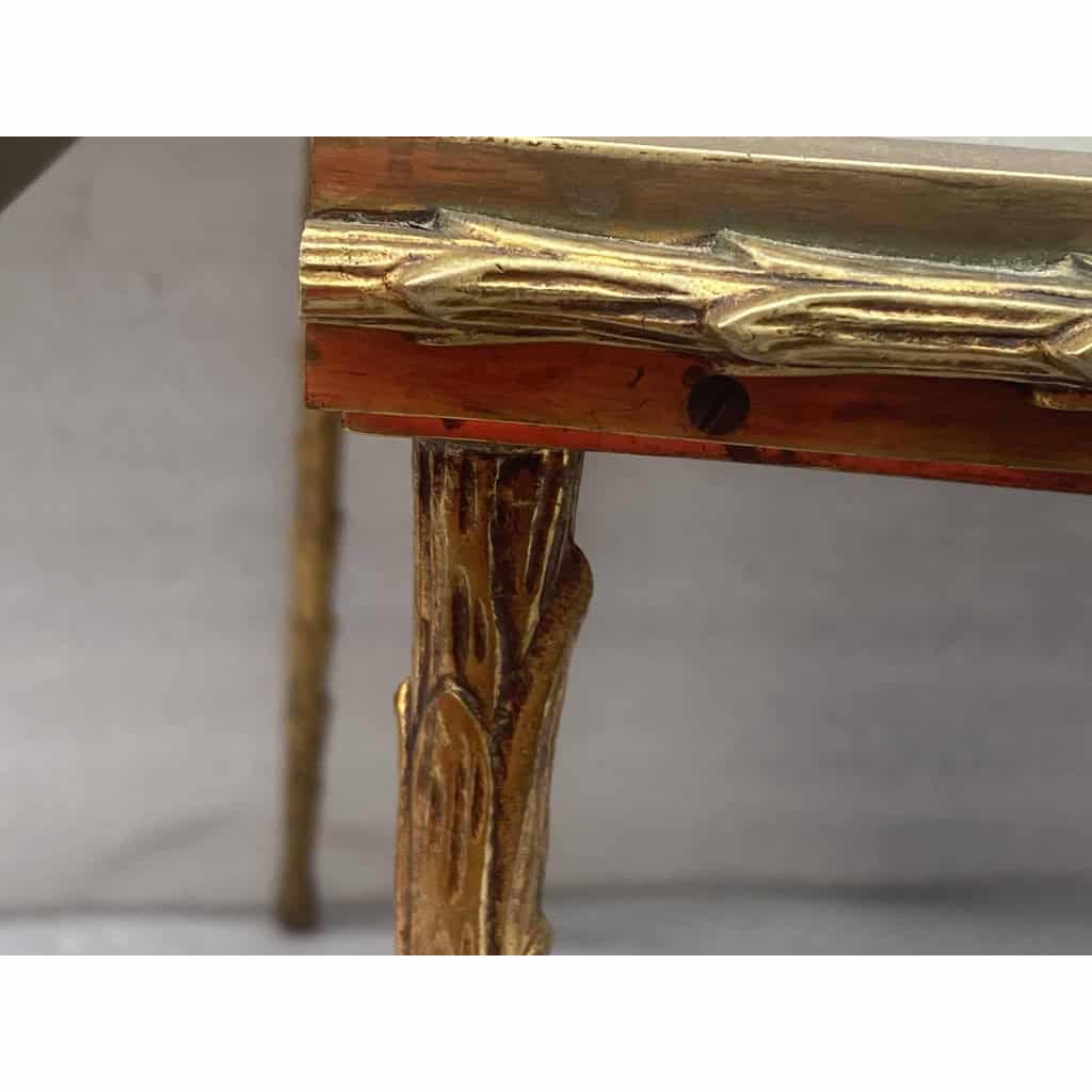 1970′ Table Tripartite Maison Charles Décor Palmier en Bronze Doré avec Plateaux Miroir 125 X 52 X H 42 cm | Biron 1970′ Table Tripartite Maison Charles Décor Palmier en Bronze Doré avec Plateaux Miroir 125 X 52 X H 42 cm