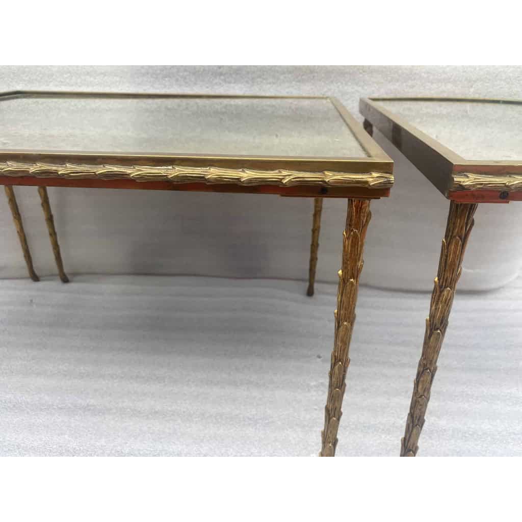 1970′ Table Tripartite Maison Charles Décor Palmier en Bronze Doré avec Plateaux Miroir 125 X 52 X H 42 cm | Biron 1970′ Table Tripartite Maison Charles Décor Palmier en Bronze Doré avec Plateaux Miroir 125 X 52 X H 42 cm