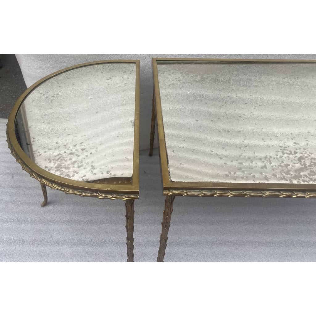 1970′ Table Tripartite Maison Charles Décor Palmier en Bronze Doré avec Plateaux Miroir 125 X 52 X H 42 cm | Biron 1970′ Table Tripartite Maison Charles Décor Palmier en Bronze Doré avec Plateaux Miroir 125 X 52 X H 42 cm