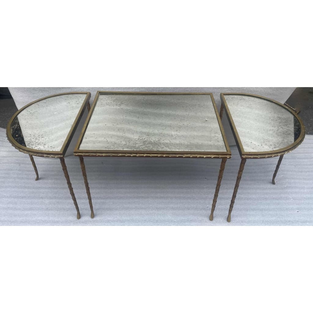 1970′ Table Tripartite Maison Charles Décor Palmier en Bronze Doré avec Plateaux Miroir 125 X 52 X H 42 cm | Biron 1970′ Table Tripartite Maison Charles Décor Palmier en Bronze Doré avec Plateaux Miroir 125 X 52 X H 42 cm