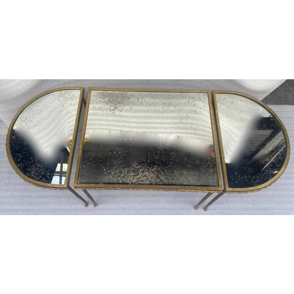 1970′ Table Tripartite Maison Charles Décor Palmier en Bronze Doré avec Plateaux Miroir 125 X 52 X H 42 cm | Biron 1970′ Table Tripartite Maison Charles Décor Palmier en Bronze Doré avec Plateaux Miroir 125 X 52 X H 42 cm