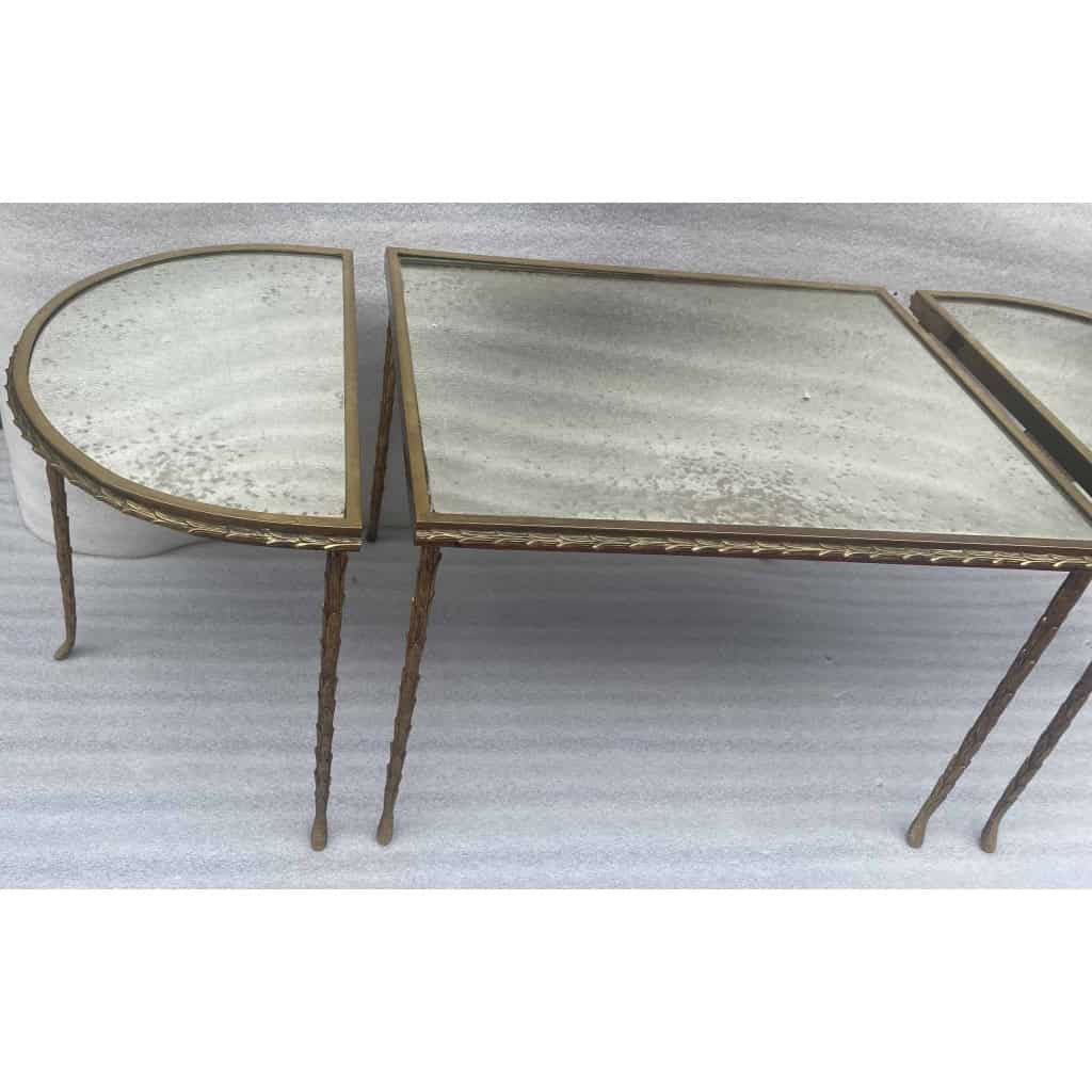 1970′ Table Tripartite Maison Charles Décor Palmier en Bronze Doré avec Plateaux Miroir 125 X 52 X H 42 cm | Biron 1970′ Table Tripartite Maison Charles Décor Palmier en Bronze Doré avec Plateaux Miroir 125 X 52 X H 42 cm
