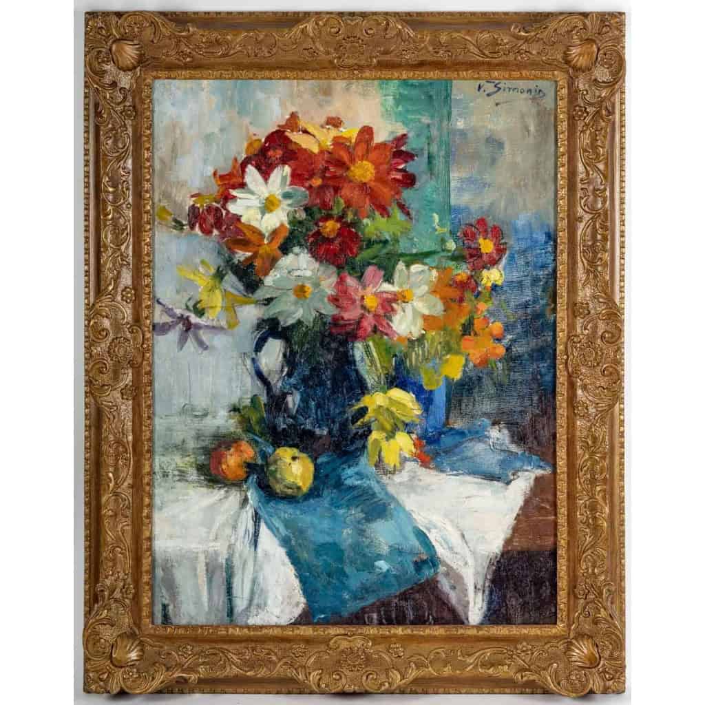 Bouquet De Fleurs et de fruits sur un entablement. Victor SIMONIN (1877-1946). | Biron |||||||||