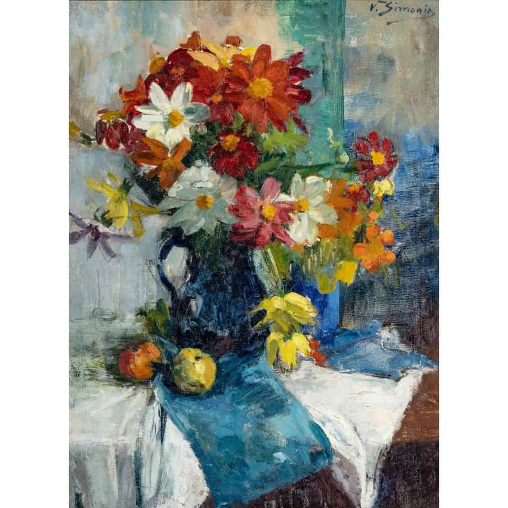 Bouquet De Fleurs et de fruits sur un entablement. Victor SIMONIN (1877-1946). | Biron Bouquet De Fleurs et de fruits sur un entablement. Victor SIMONIN (1877-1946).