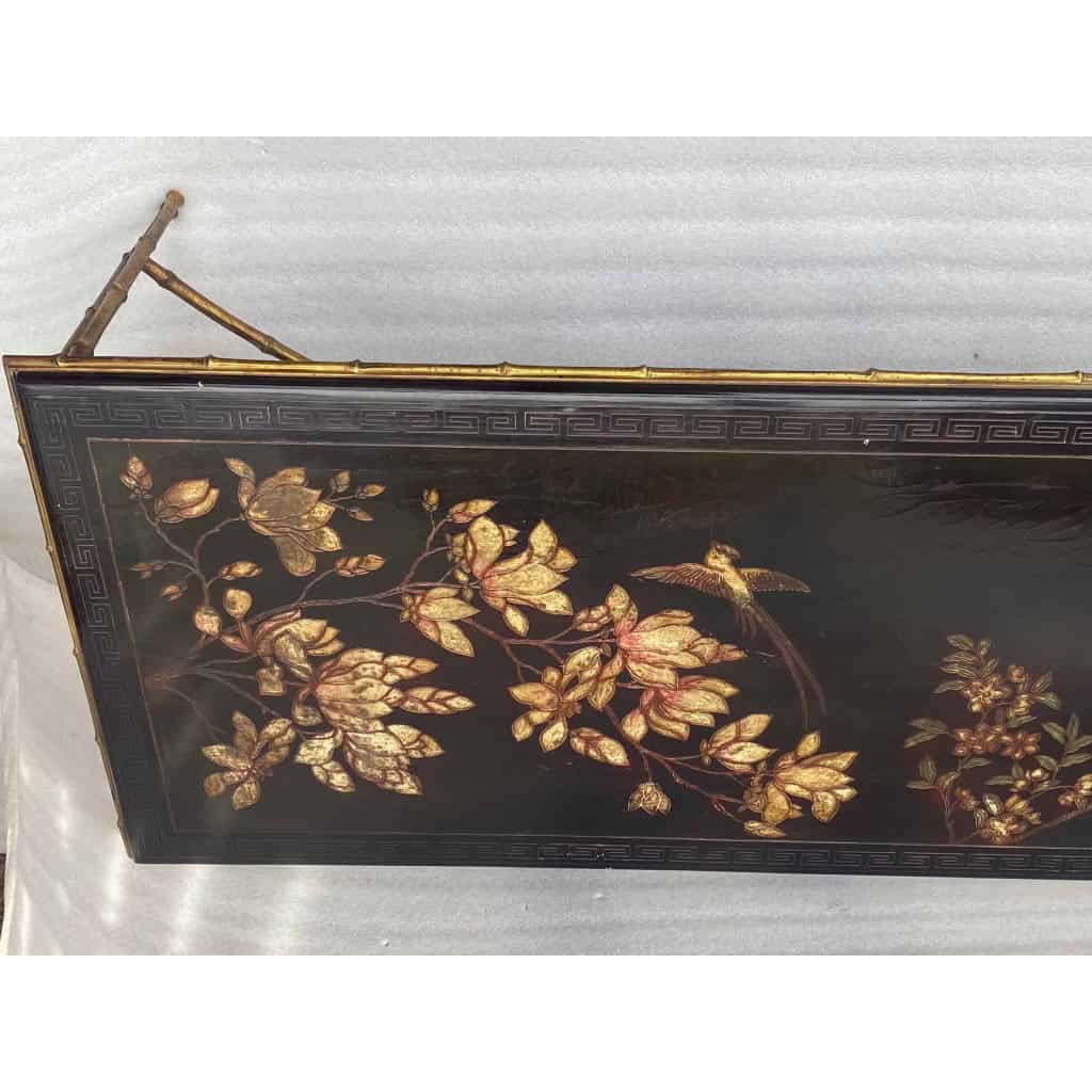 1970′ Table Basse Double Piétement Bronze Modèle Bambou Maison Baguès Laque De Chine 112 x 54 x H 38 cm