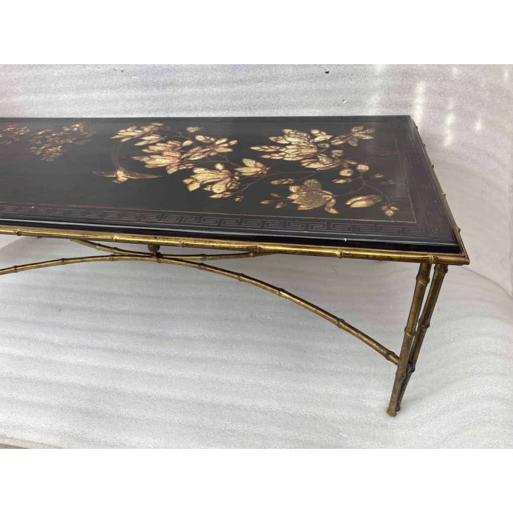 1970′ Table Basse Double Piétement Bronze Modèle Bambou Maison Baguès Laque De Chine 112 x 54 x H 38 cm