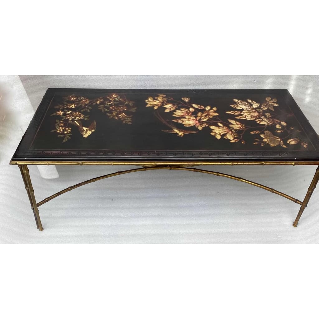 1970′ Table Basse Double Piétement Bronze Modèle Bambou Maison Baguès Laque De Chine 112 x 54 x H 38 cm