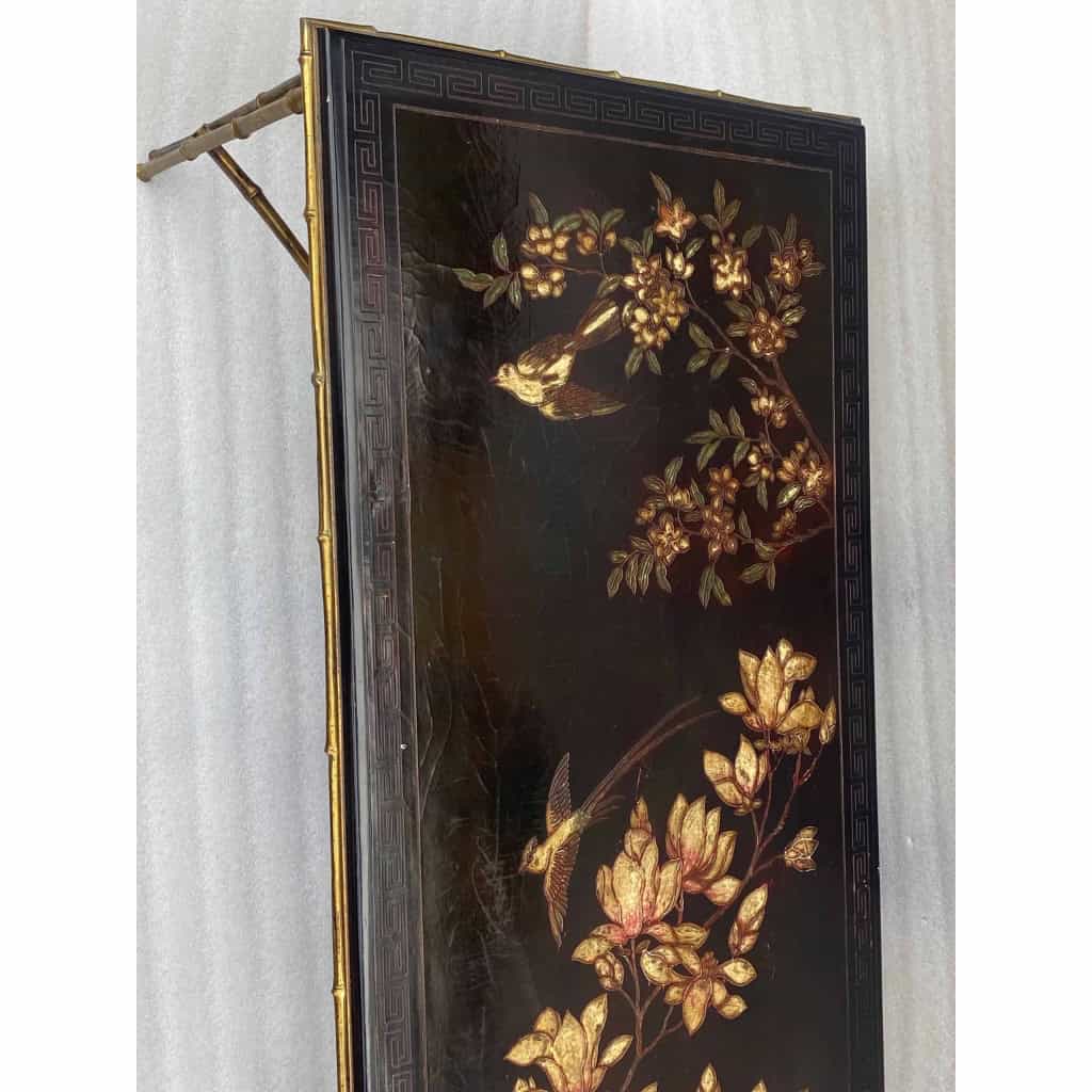 1970′ Table Basse Double Piétement Bronze Modèle Bambou Maison Baguès Laque De Chine 112 x 54 x H 38 cm