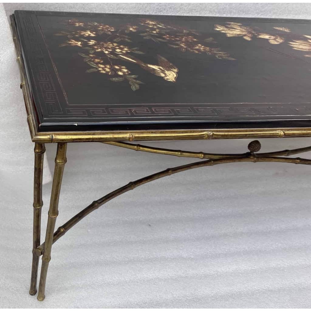 1970′ Table Basse Double Piétement Bronze Modèle Bambou Maison Baguès Laque De Chine 112 x 54 x H 38 cm