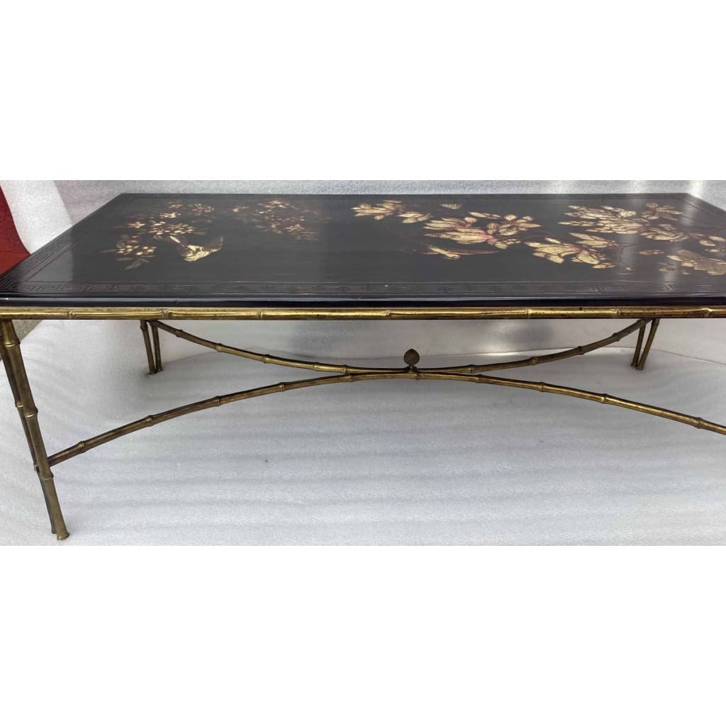 1970′ Table Basse Double Piétement Bronze Modèle Bambou Maison Baguès Laque De Chine 112 x 54 x H 38 cm