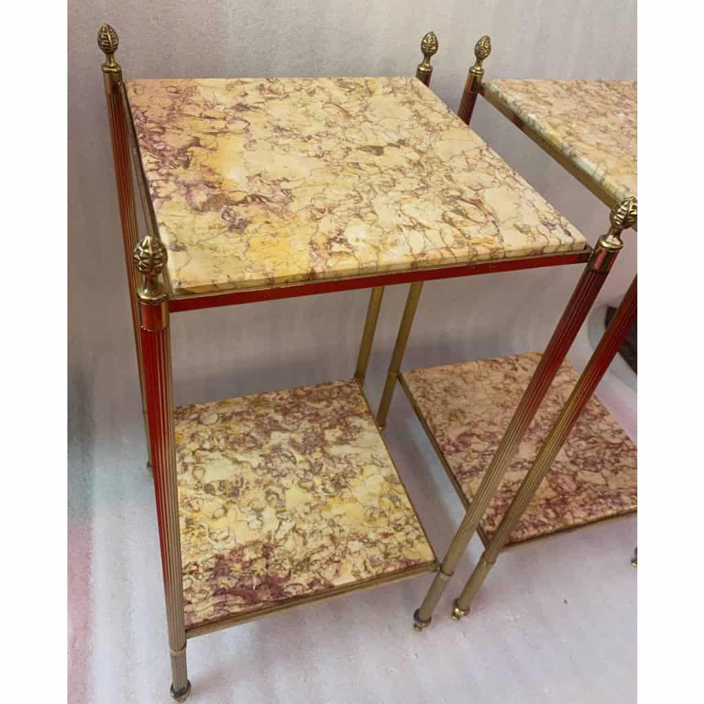 1950/70′ Paire De Bouts De Canapés En Laiton à 2 Niveaux Maison Bagués Plateaux Bréche Escalette 33 X 33 XH 66 cm