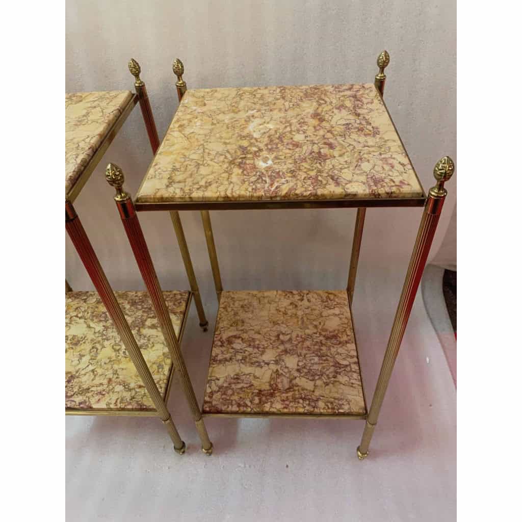 1950/70′ Paire De Bouts De Canapés En Laiton à 2 Niveaux Maison Bagués Plateaux Bréche Escalette 33 X 33 XH 66 cm