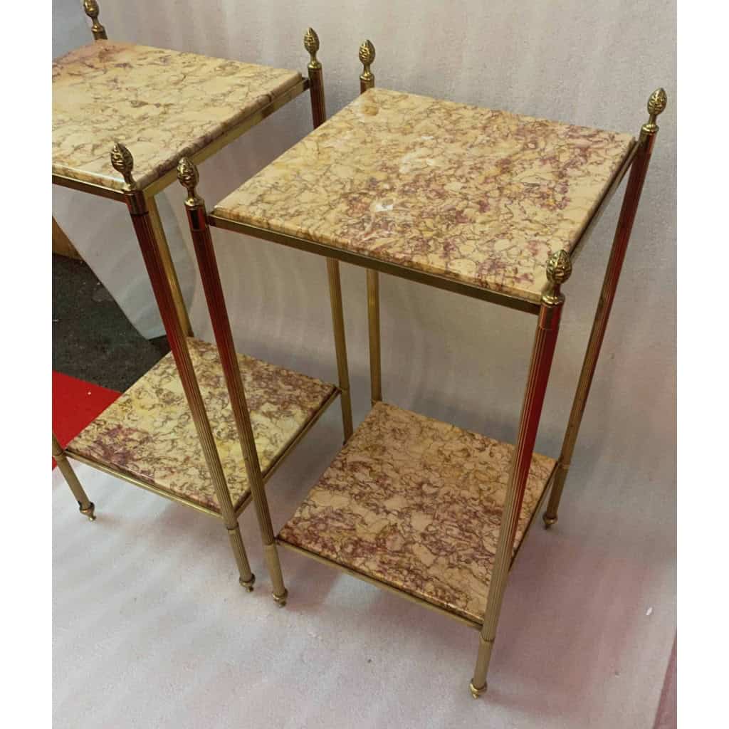 1950/70′ Paire De Bouts De Canapés En Laiton à 2 Niveaux Maison Bagués Plateaux Bréche Escalette 33 X 33 XH 66 cm