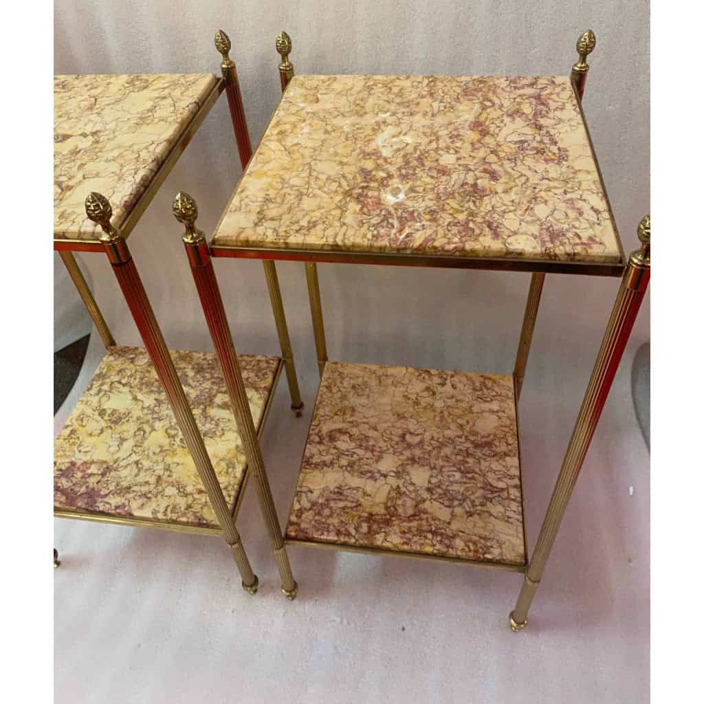 1950/70′ Paire De Bouts De Canapés En Laiton à 2 Niveaux Maison Bagués Plateaux Bréche Escalette 33 X 33 XH 66 cm