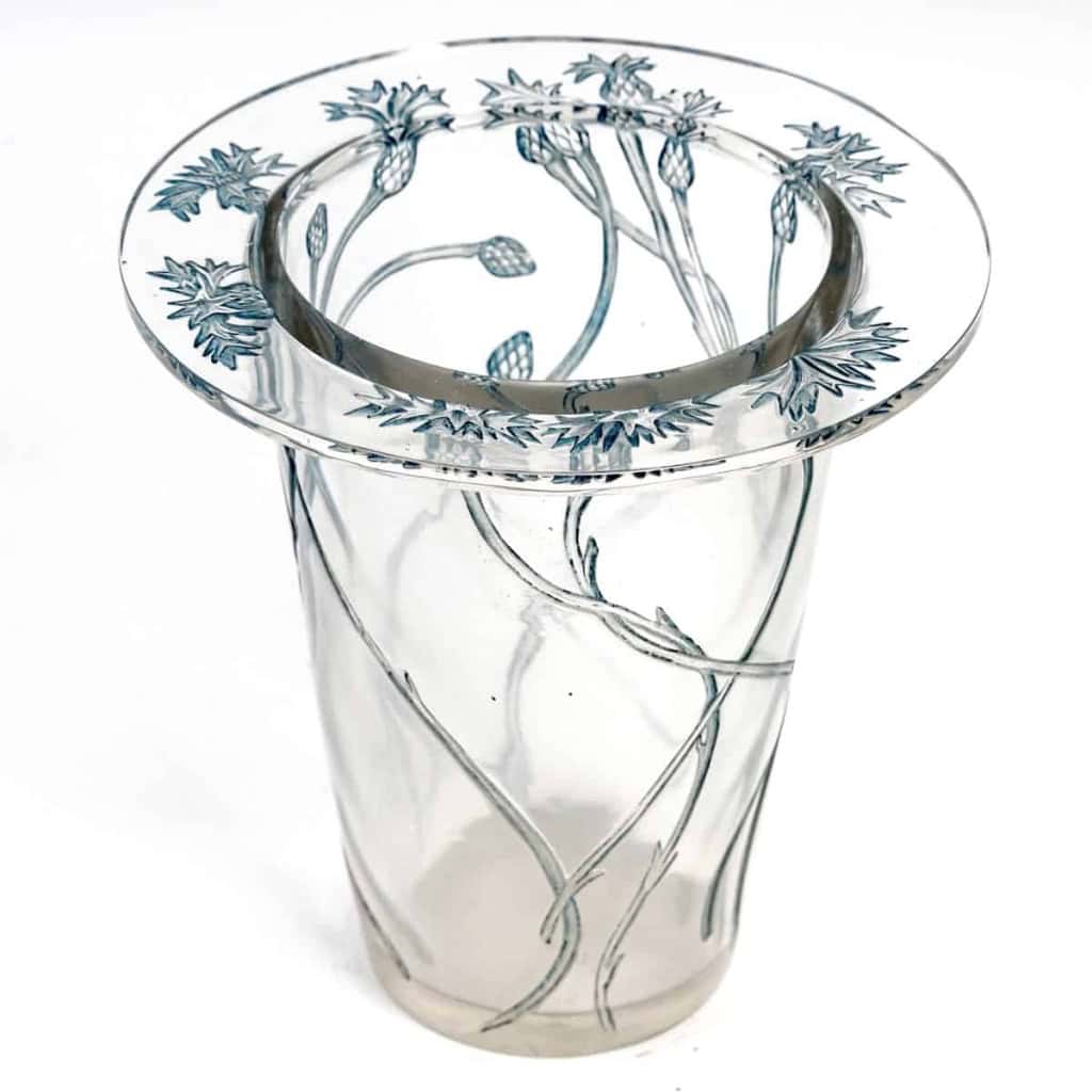 Vase "Bordure Bluets" verre blanc patiné bleu de René LALIQUE