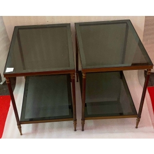 1950/70′ Paire De Bouts De Canapés En Laiton à 2 Niveaux Maison Jansen Plateaux Verre Fumé 56 X 40 X H 54 cm