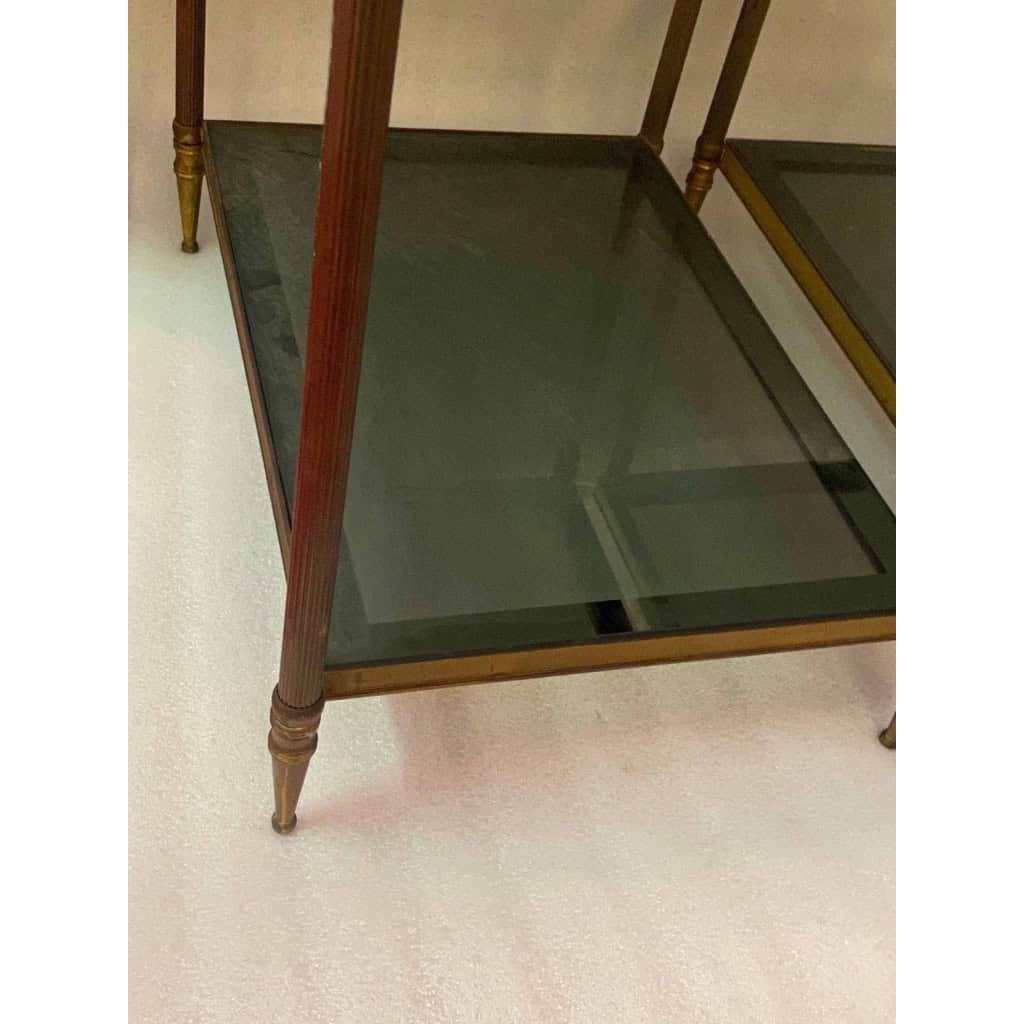 1950/70′ Paire De Bouts De Canapés En Laiton à 2 Niveaux Maison Jansen Plateaux Verre Fumé 56 X 40 X H 54 cm 4