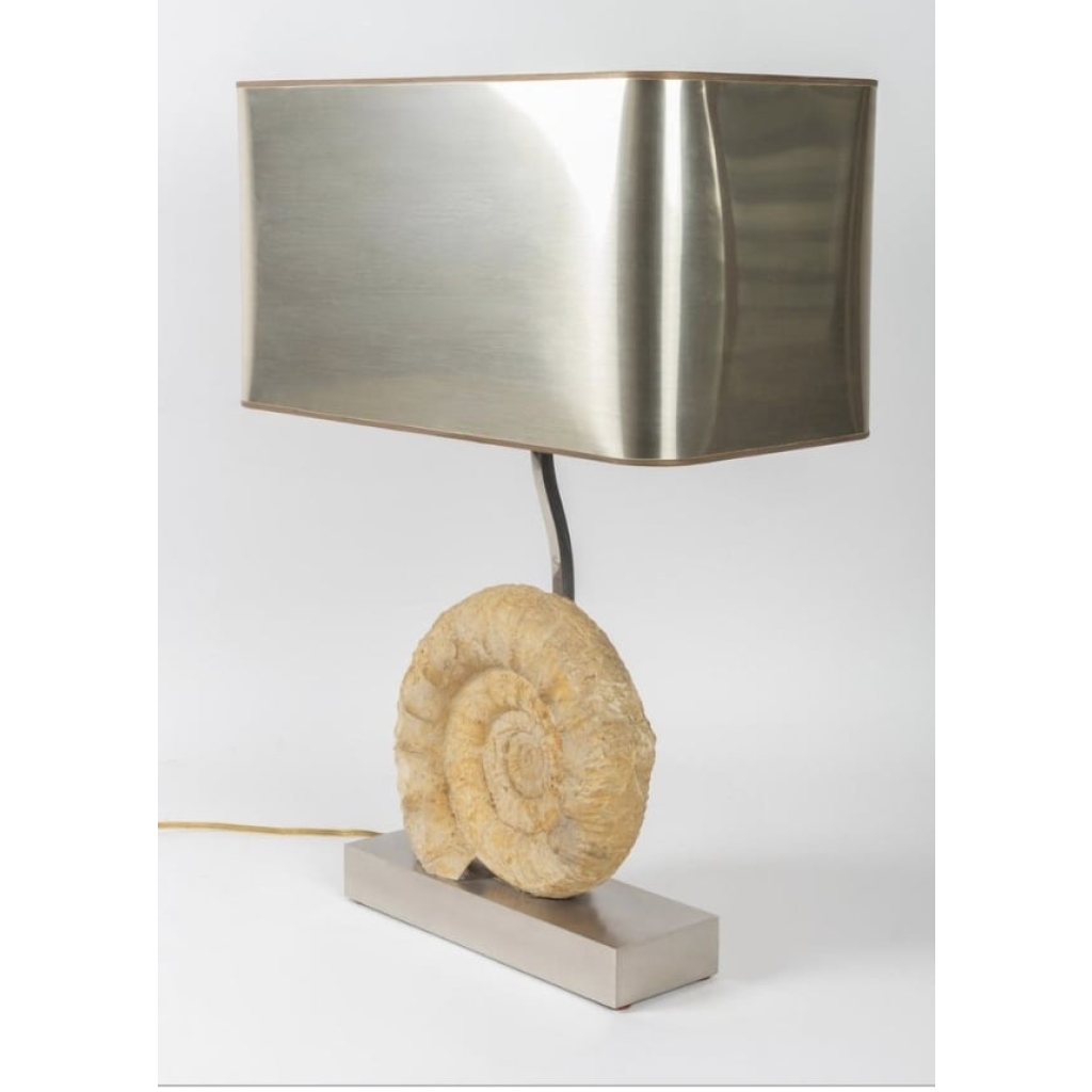 1970 Lampe en Métal Argenté et Ammonite Willy Daro | Biron 1970 Lampe en Métal Argenté et Ammonite Willy Daro