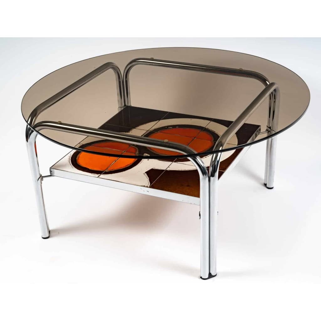 Table basse en carreaux de céramique et dessus en verre, 1970 | Biron ||||||
