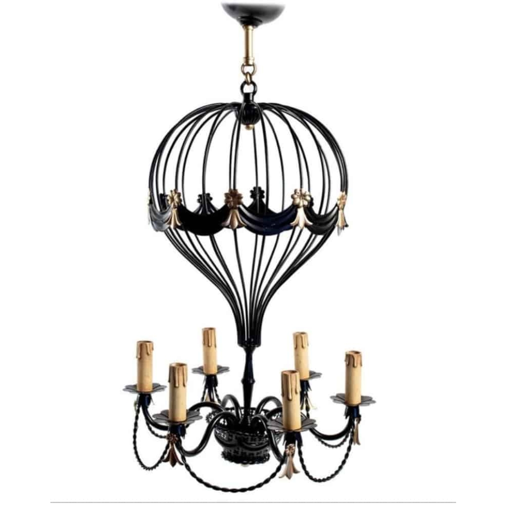 1970 lustre Mongolfière en fer forgé noir Maison Roche | Biron |||||