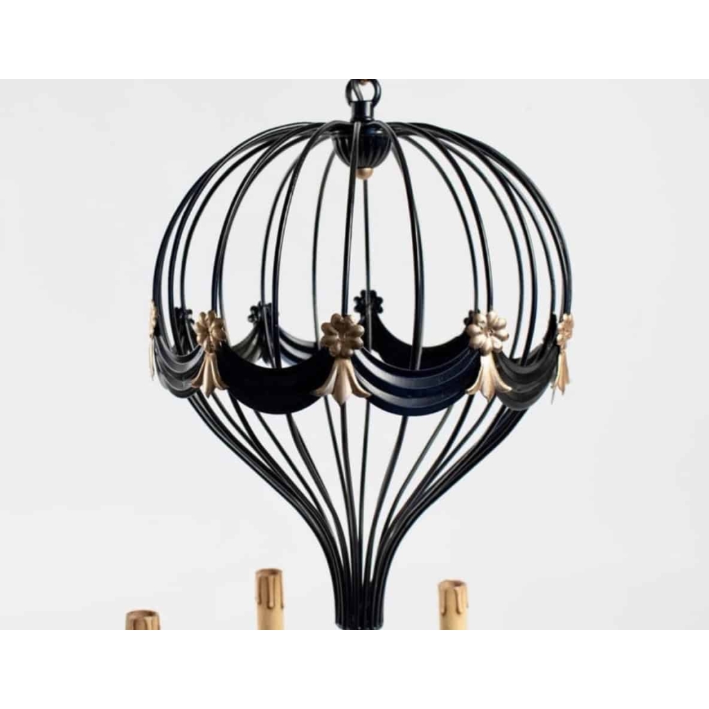 1970 lustre Mongolfière en fer forgé noir Maison Roche | Biron 1970 lustre Mongolfière en fer forgé noir Maison Roche
