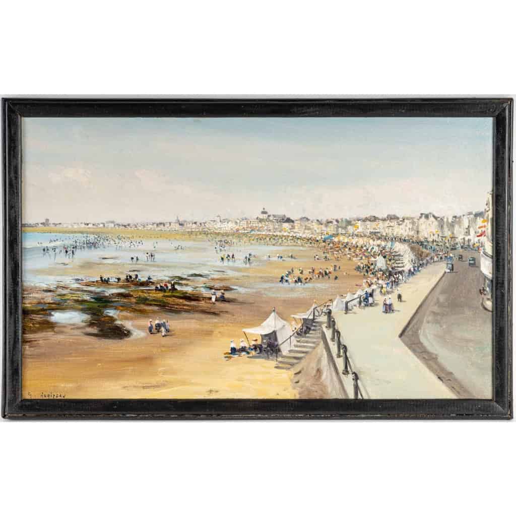 Huile sur toile représentant une vue des sables d’Olonne à marée basse, signée G. Augizau, XXème siècle | Biron |||||||||