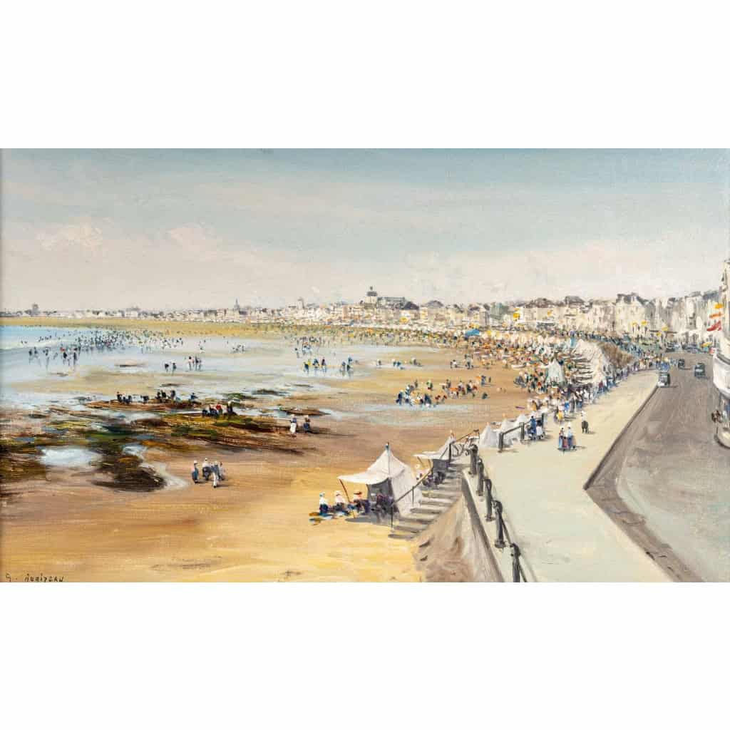 Huile sur toile représentant une vue des sables d’Olonne à marée basse, signée G. Augizau, XXème siècle | Biron Huile sur toile représentant une vue des sables d'Olonne à marée basse, signée G. Augizau, XXème siècle