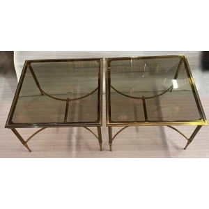 1950/70′ Paire de Bouts de Canapés Bronze , Plateau Verre Fumé Maison Charles 65 X 65 cm