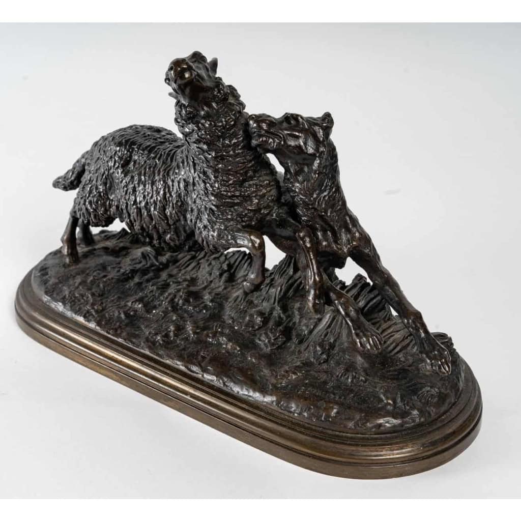 « Chien attaquant un mouton », bronze signée Isidore Bonheur, XIXème siècle | Biron "Chien attaquant un mouton", bronze signée Isidore Bonheur, XIXème siècle