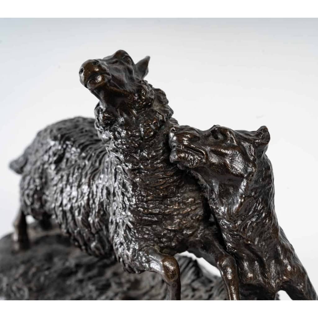 « Chien attaquant un mouton », bronze signée Isidore Bonheur, XIXème siècle | Biron "Chien attaquant un mouton", bronze signée Isidore Bonheur, XIXème siècle