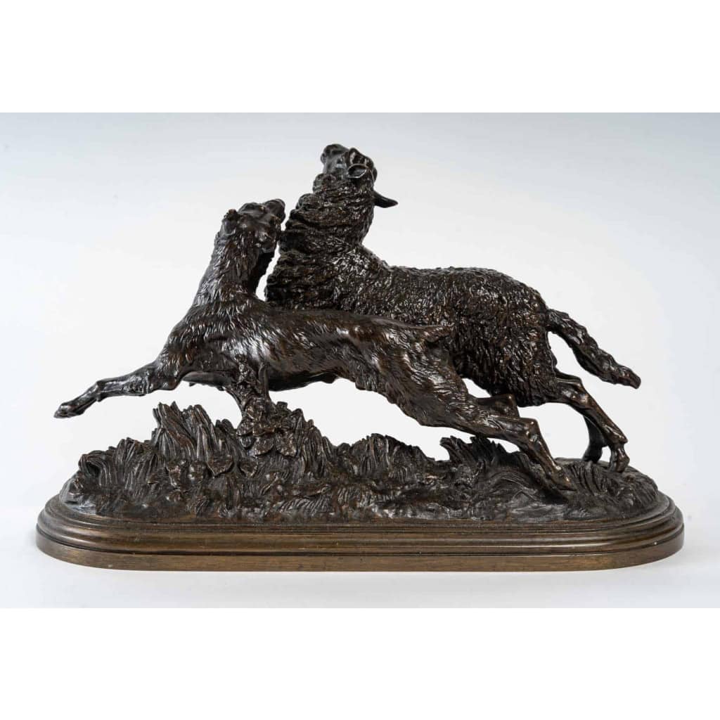 « Chien attaquant un mouton », bronze signée Isidore Bonheur, XIXème siècle | Biron "Chien attaquant un mouton", bronze signée Isidore Bonheur, XIXème siècle