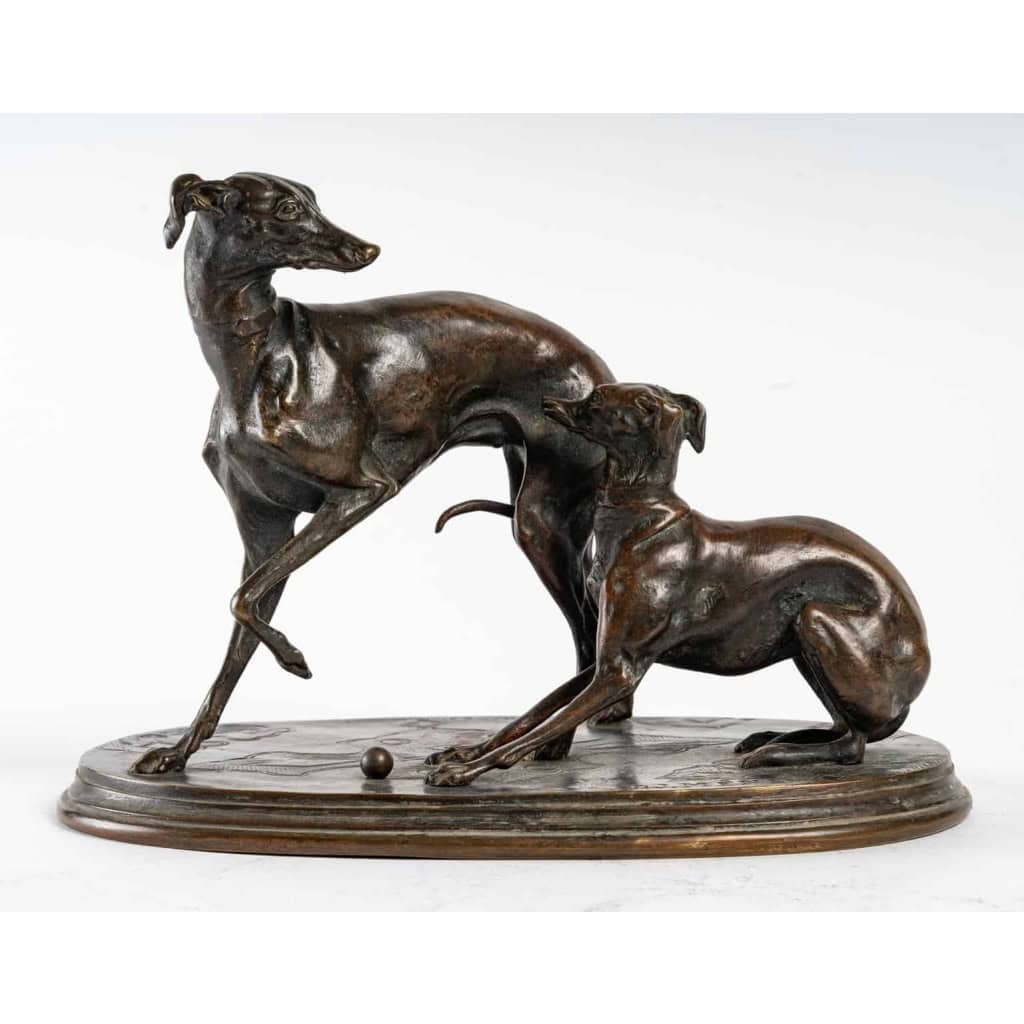 Levrettes jouant avec une boule, Bronze signé Pierre Mène | Biron ||||||||