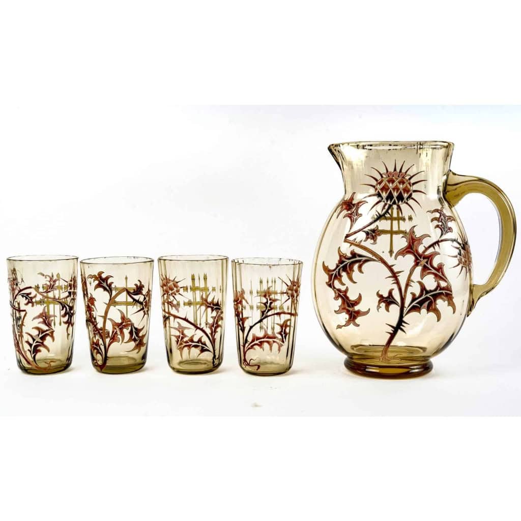  Service à Orangeade « Chardons » verre jaune émaillé à décor de chardons d’Emile GALLE | Biron ||||||||||
