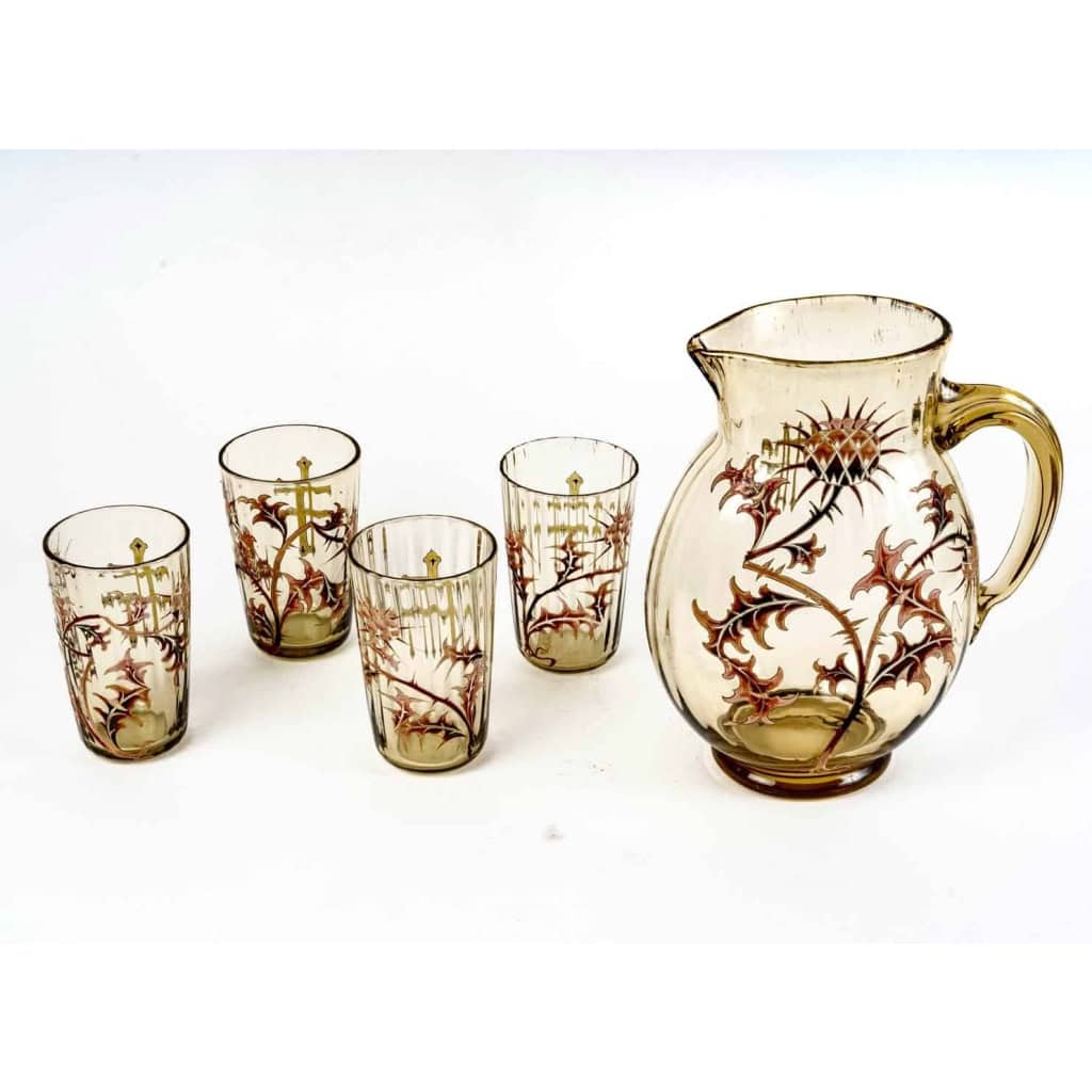  Service à Orangeade « Chardons » verre jaune émaillé à décor de chardons d’Emile GALLE | Biron  Service à Orangeade "Chardons" verre jaune émaillé à décor de chardons d'Emile GALLE