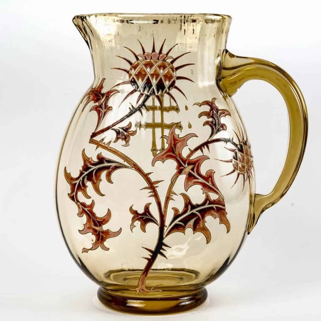  Service à Orangeade « Chardons » verre jaune émaillé à décor de chardons d’Emile GALLE | Biron  Service à Orangeade "Chardons" verre jaune émaillé à décor de chardons d'Emile GALLE