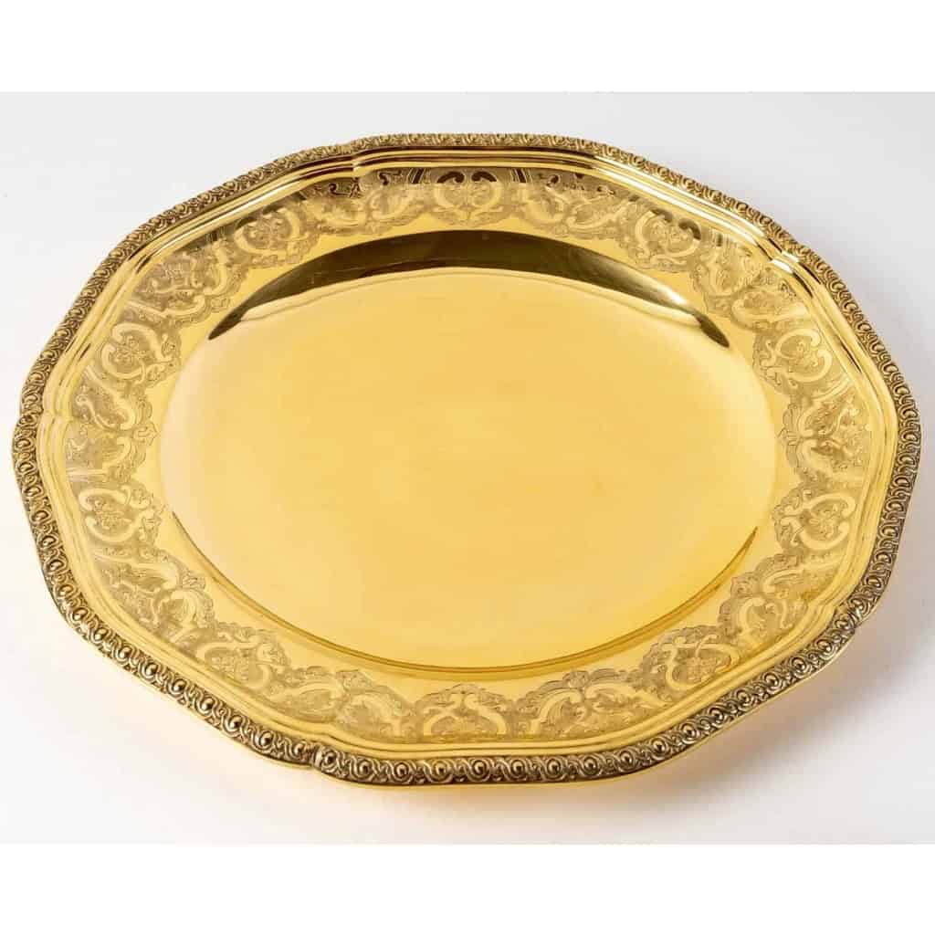 Suite de 7 plats de service "Elysée" en vermeil (argent massif plaqué or) de PUIFORCAT