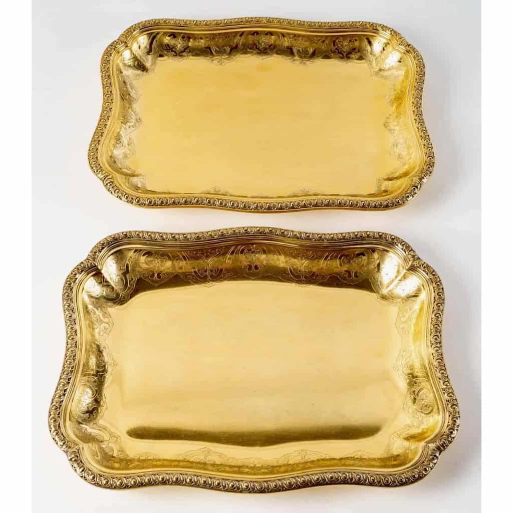 Suite de 7 plats de service "Elysée" en vermeil (argent massif plaqué or) de PUIFORCAT