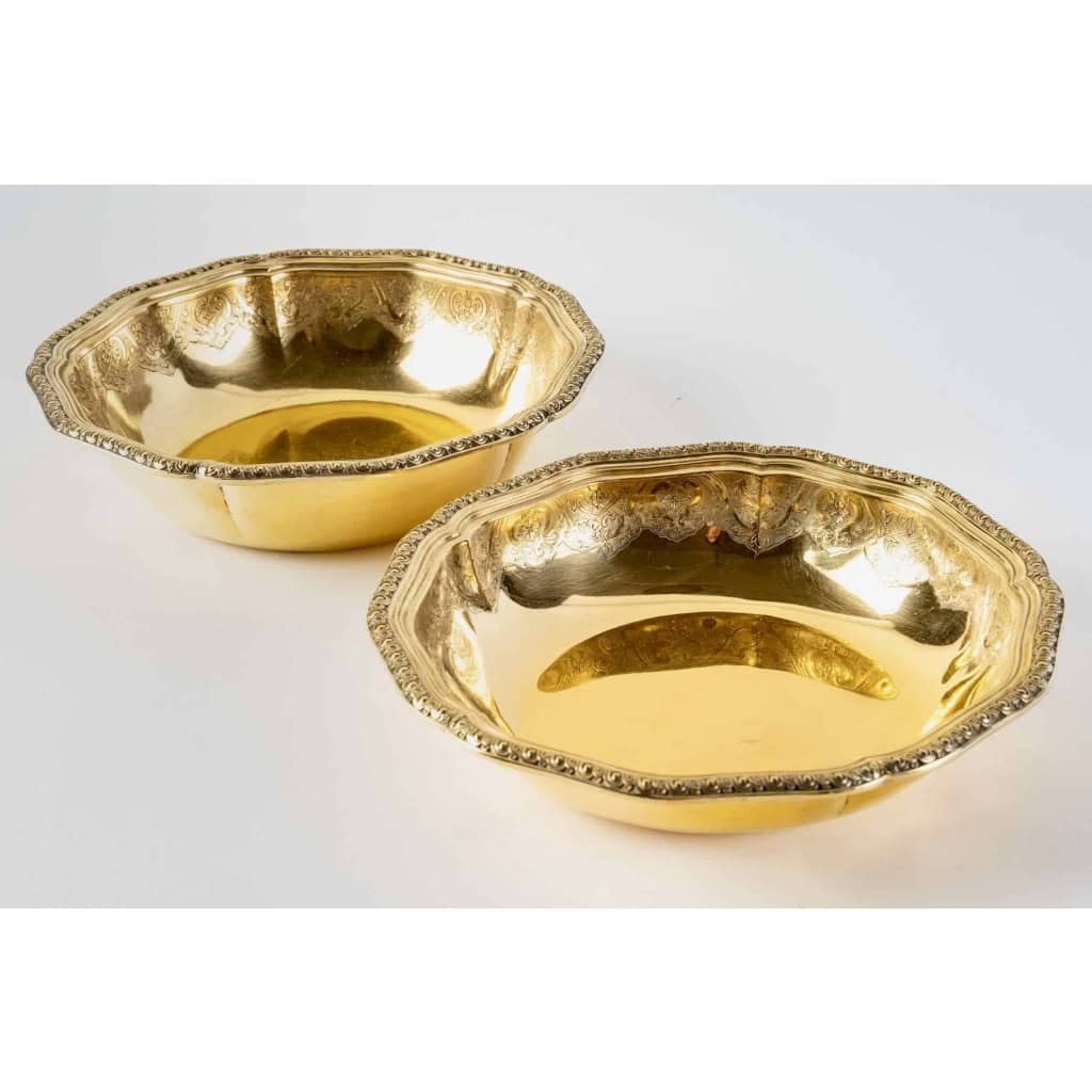 Suite de 7 plats de service "Elysée" en vermeil (argent massif plaqué or) de PUIFORCAT
