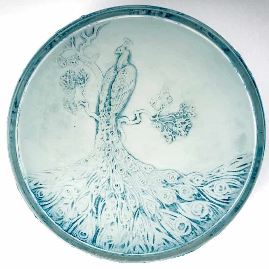 Boite « Paon » verre blanc patiné bleu de René LALIQUE | Biron ||||||