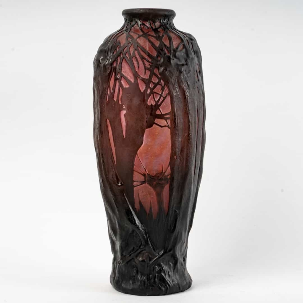 Vase verre multicouche dégagé à l’acide rose et brun de DAUM NANCY | Biron Vase verre multicouche dégagé à l'acide rose et brun de DAUM NANCY