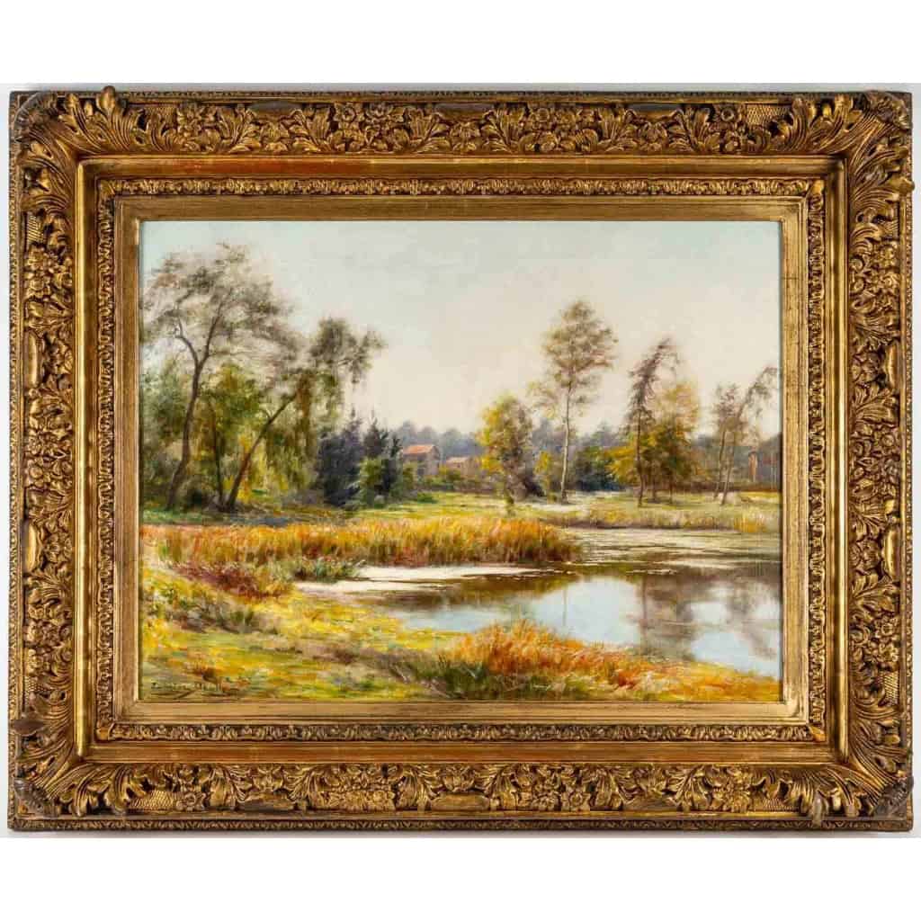 Huile sur toile par Deully Eugène, « étang à la campagne » | Biron |||||||||