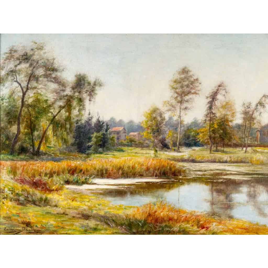 Huile sur toile par Deully Eugène, « étang à la campagne » | Biron Huile sur toile par Deully Eugène, "étang à la campagne"