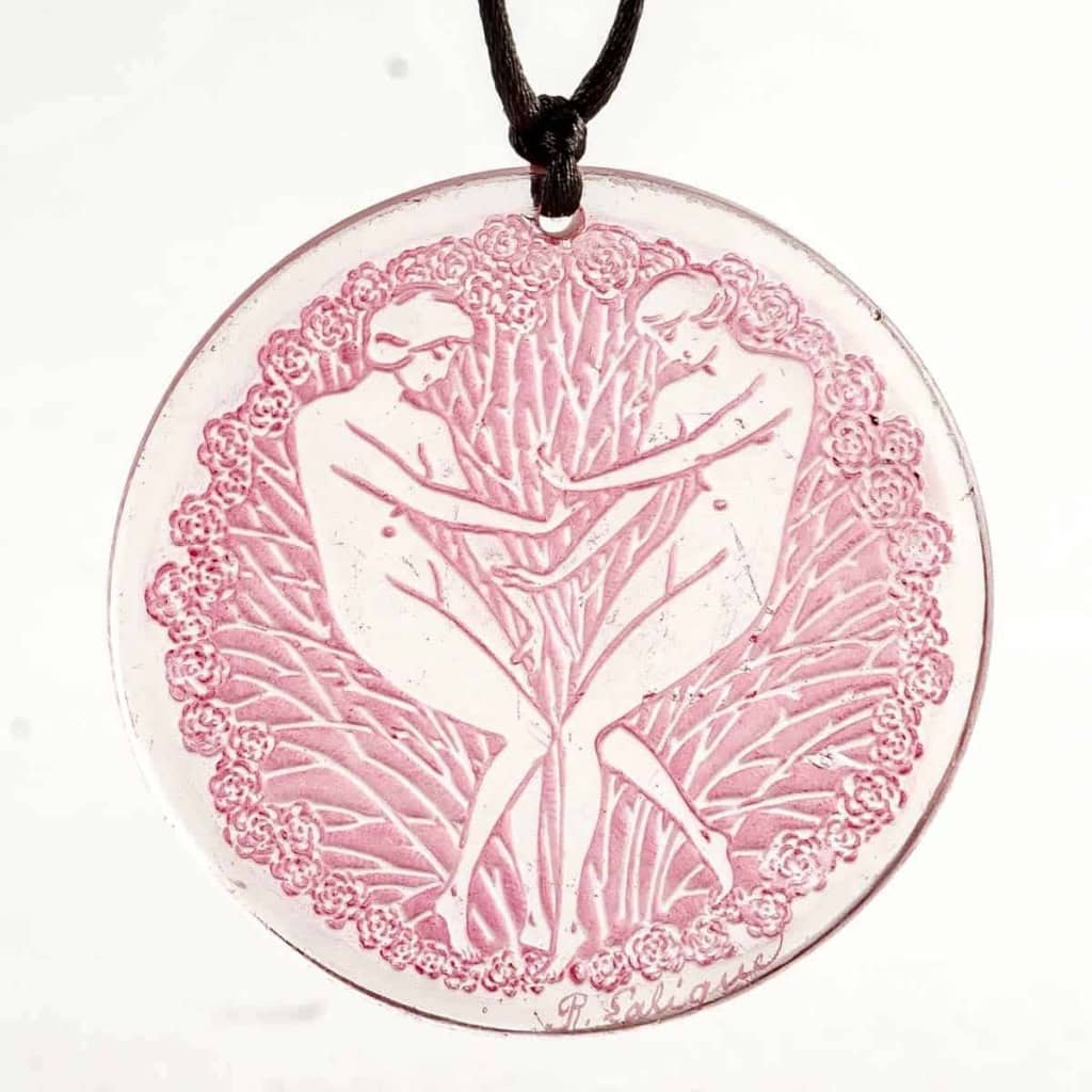 Pendentif « Deux Danseuses » verre blanc patiné rose de René LALIQUE | Biron ||||