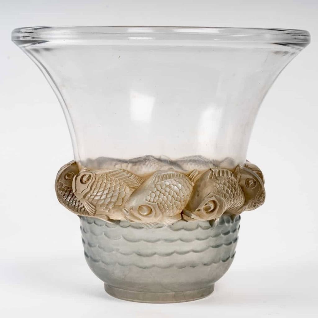 Vase « Piriac » verre blanc patiné sépia et bleu de René LALIQUE | Biron |||||||