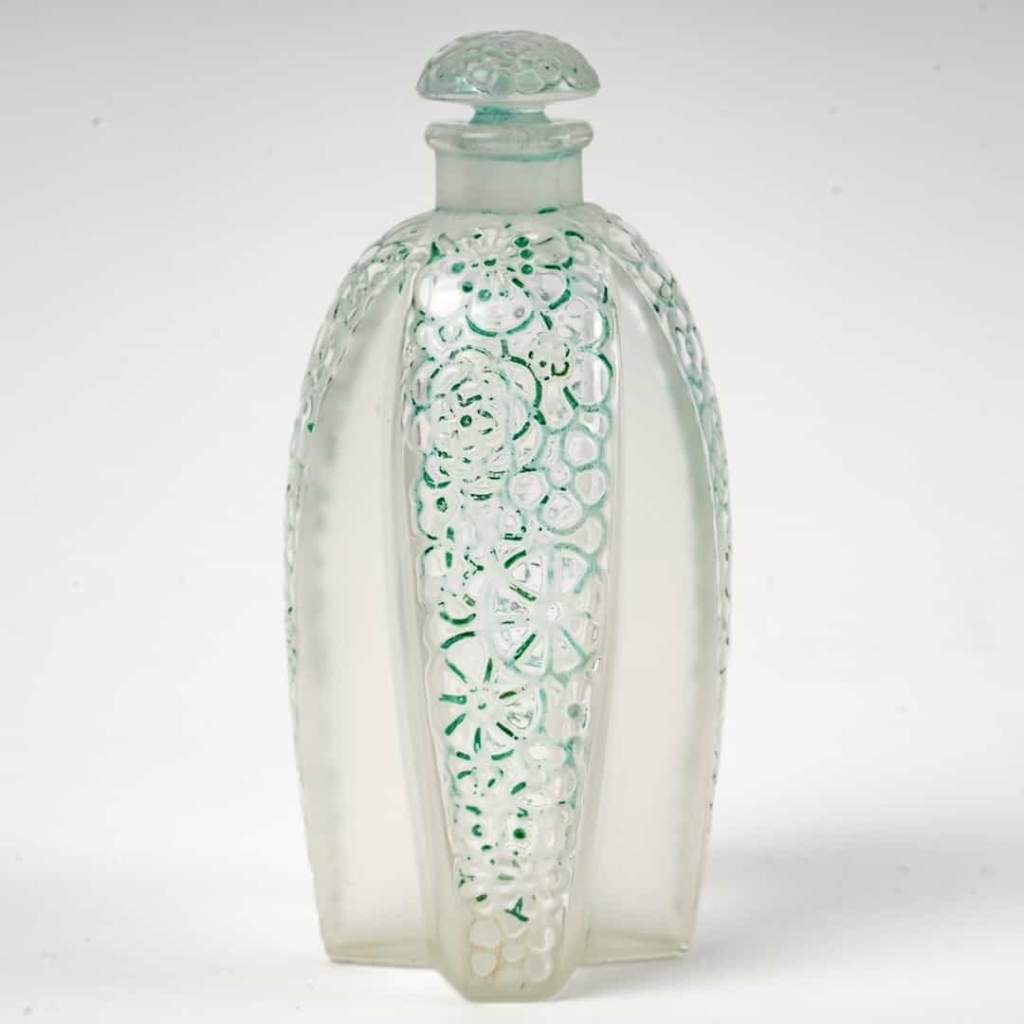 Flacon « Toutes les Fleurs » verre blanc patiné vert de René LALIQUE | Biron ||||||