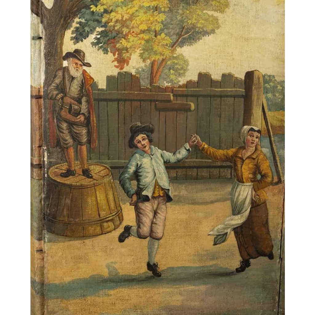 Paravent en toile peinte du XVIIIième siècle. | Biron Paravent en toile peinte du XVIIIième siècle.