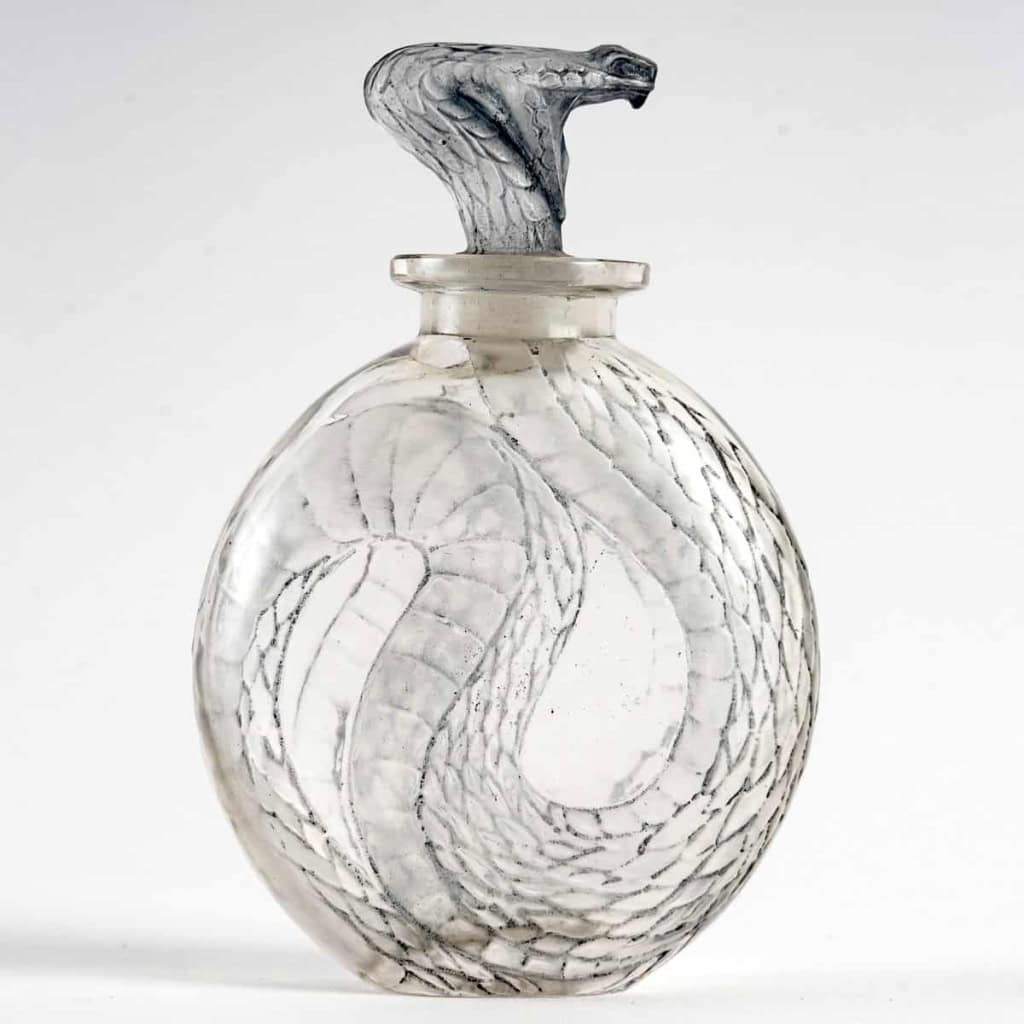 Flacon « Serpent » verre blanc patiné bleu de René LALIQUE | Biron ||||||||