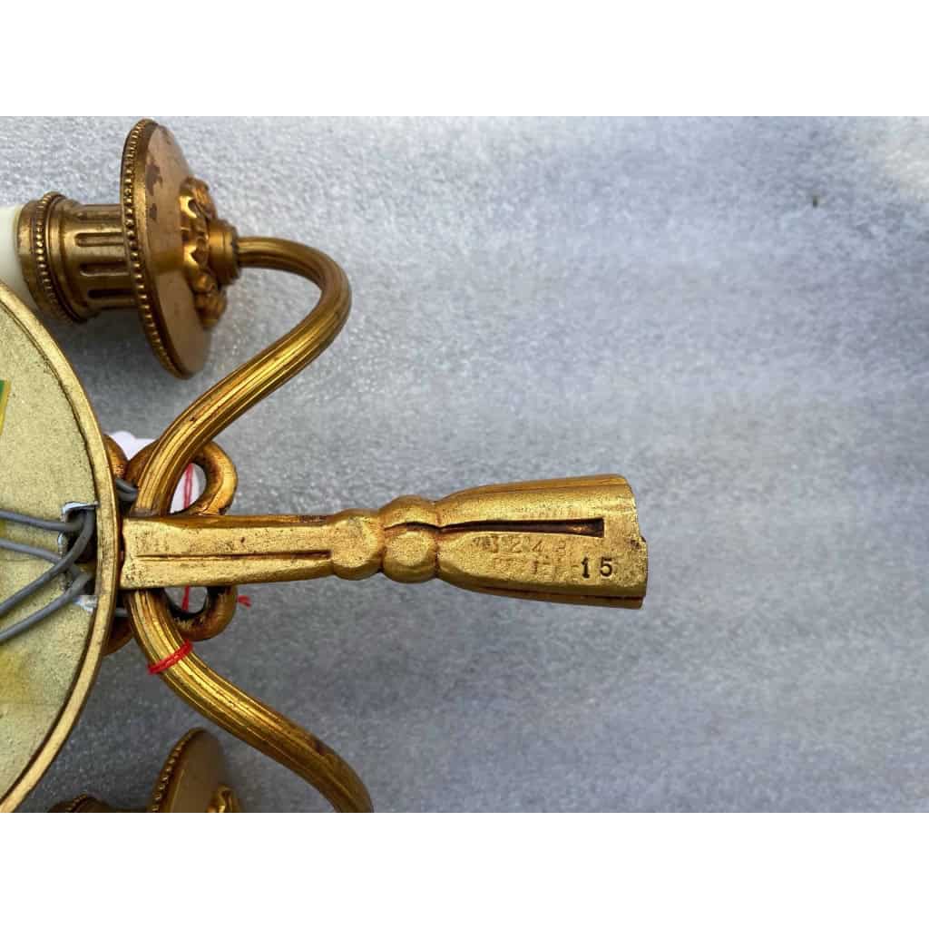 1950/70′ Série De 4 Appliques en Bronze Doré Avec Miroir Convexe Signée Petitot | Biron 1950/70′ Série De 4 Appliques en Bronze Doré Avec Miroir Convexe Signée Petitot