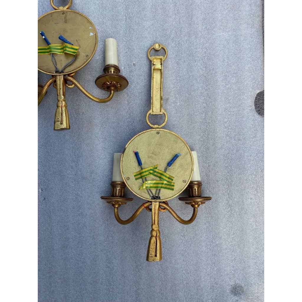 1950/70′ Série De 4 Appliques en Bronze Doré Avec Miroir Convexe Signée Petitot | Biron 1950/70′ Série De 4 Appliques en Bronze Doré Avec Miroir Convexe Signée Petitot
